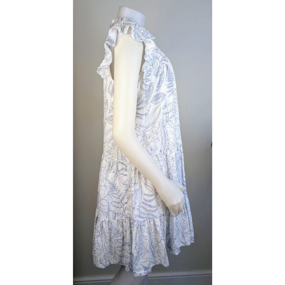 Aura Minidress Babydoll Medium White Blue Botanical Print Tiered Ruffled Smocked - Picture 4 of 12